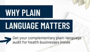 Feature image with text over image of a book over a keyboard for a post on plain language marketing for health businesses